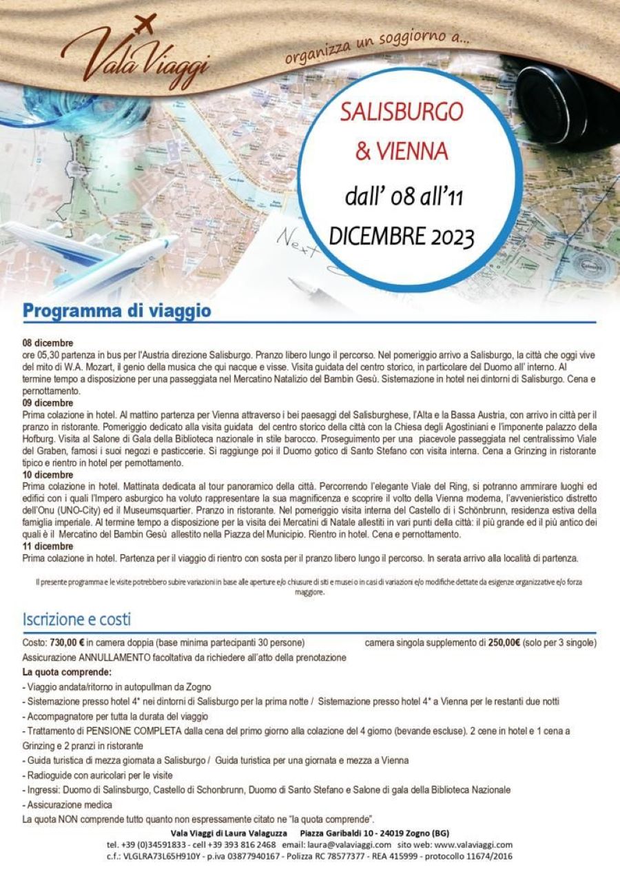 Valaviaggi, soggiorno a Salisburgo e Vienna, dall'8 all'11 Dicembre 2023