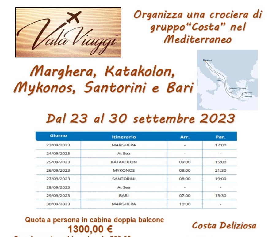 Valaviaggi, viaggio organizzato Crociera Costa sul Mediterraneo, Grecia, Settembre 2023